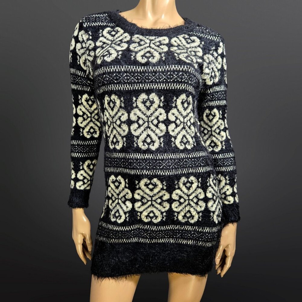 Y2K Katsumi Mini Sweater Dress size S Black White Fluffy Fuzzy Knit Fair Isle